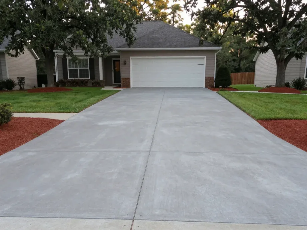 Finished broom-textured concrete driveway with poured curb in Madison, AL