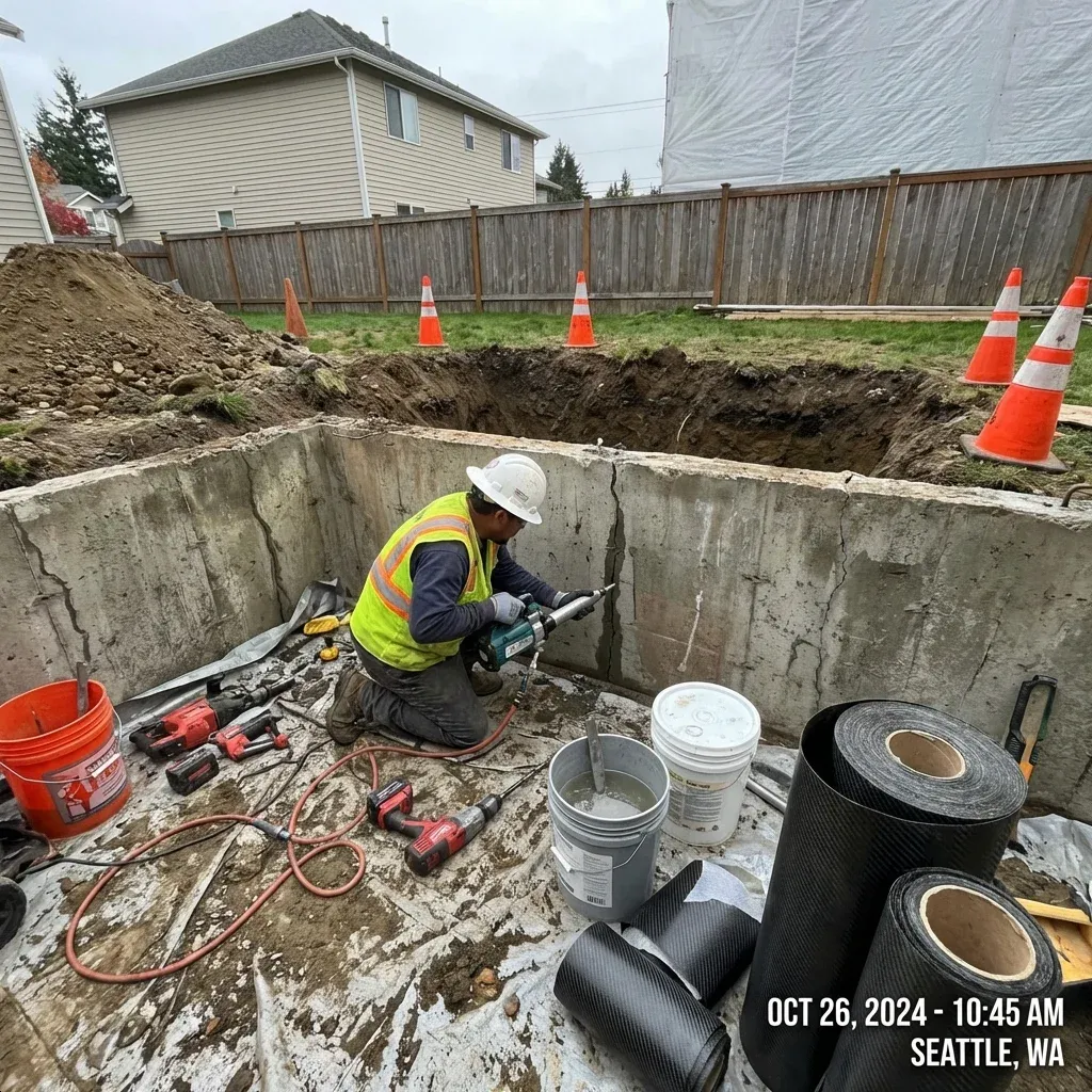 Settled concrete section being assessed for repair in Madison, AL