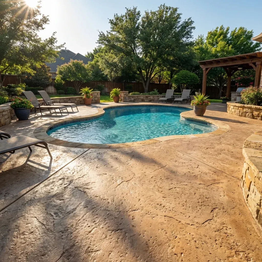 Broom-finished concrete pool deck surrounding a residential pool in Madison, AL