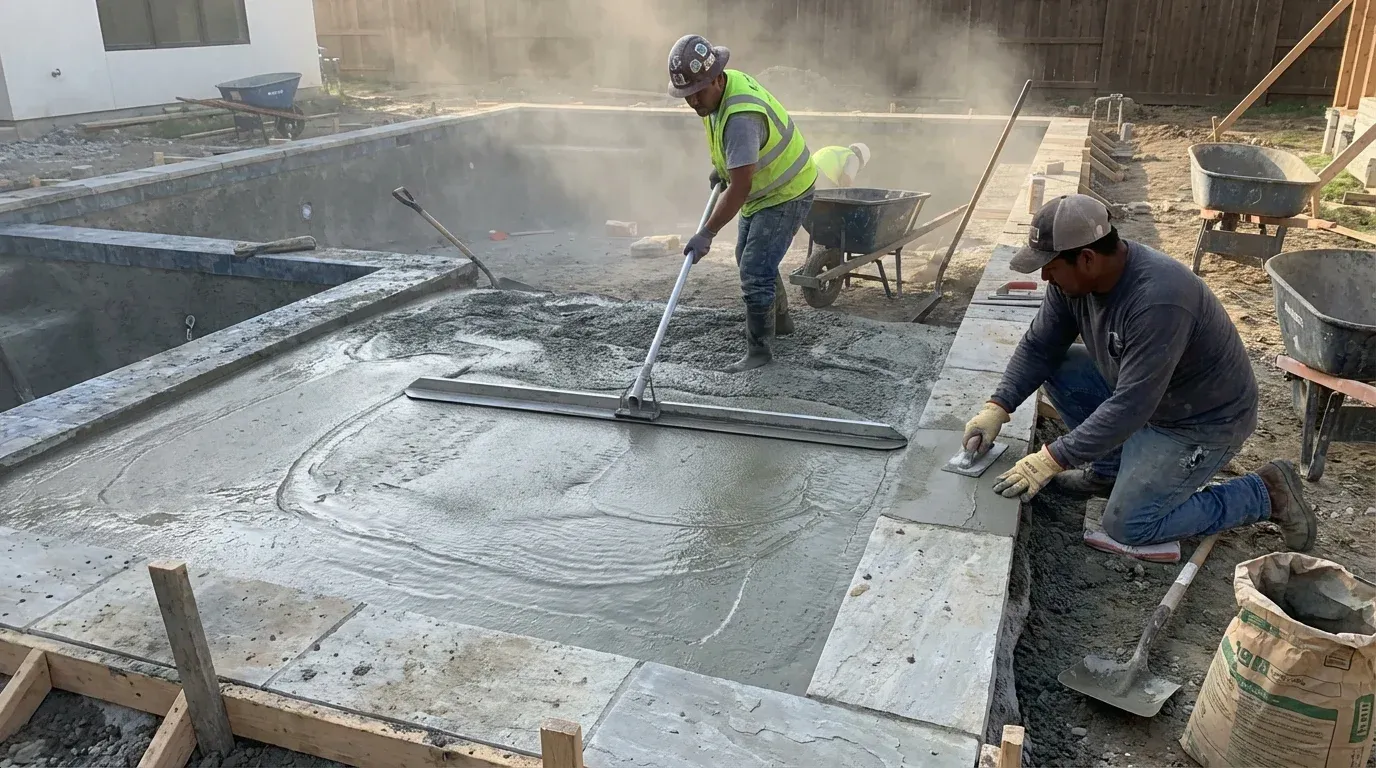Concrete pool deck being installed at the coping line in Madison, AL