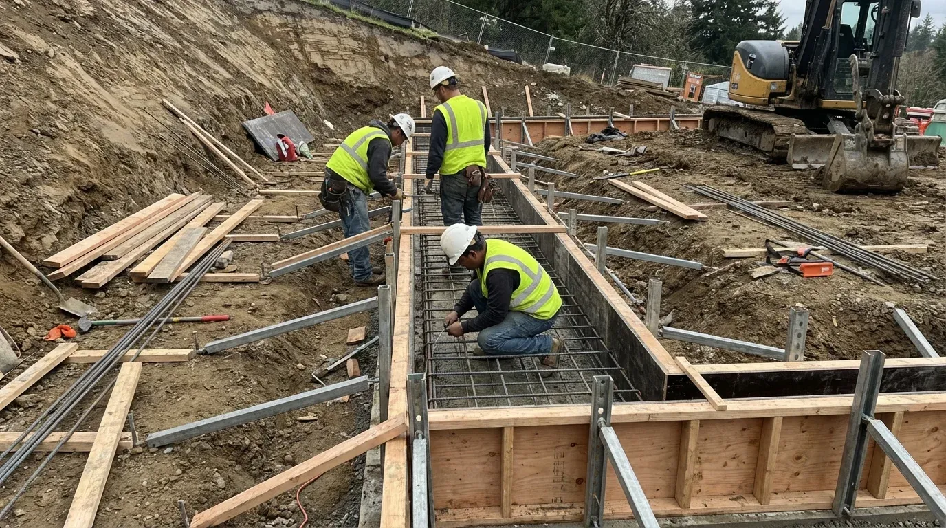 Drainage stone and pipe being installed behind a retaining wall in Madison, AL