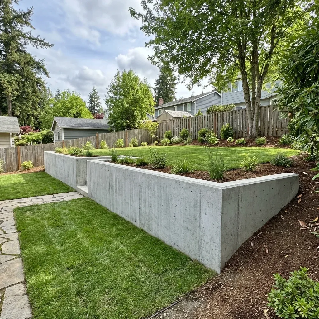 Poured concrete retaining wall terracing a sloped yard in Madison, AL
