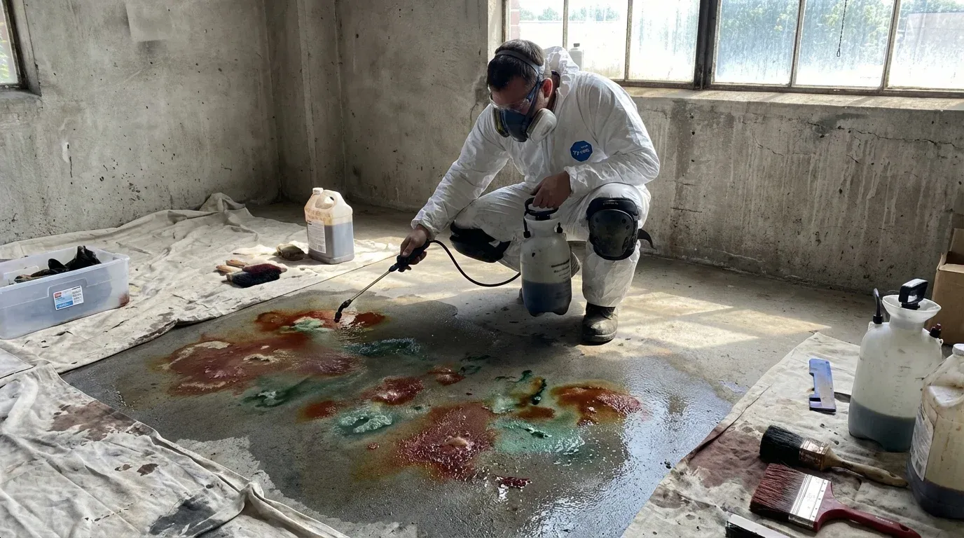 Color hardener being floated into a decorative concrete surface in Madison, AL