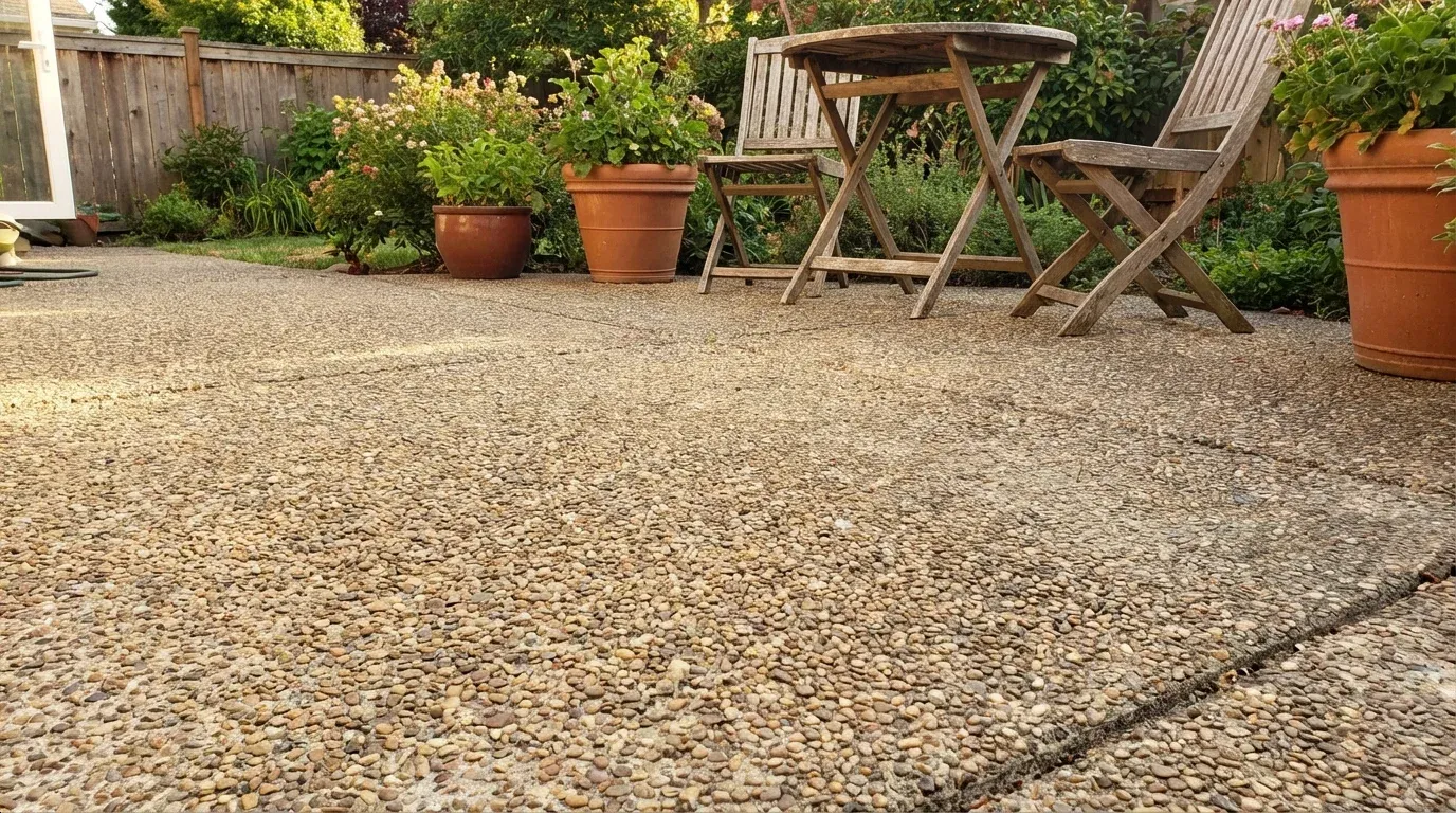 Exposed aggregate concrete patio showing natural stone texture in Madison, AL